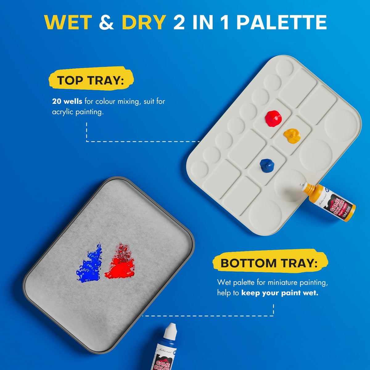 Wet Pallet for Painting Miniatures -  2 in 1 Dry and Wet Palette with Lid, Including 100PCS Palette Paper, 4PCS Sponges
